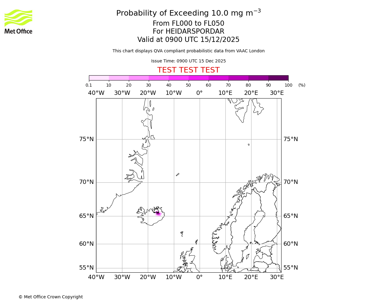 Probability of exceeding 10.0 milligrams per metre cubed. From 000 to 050 for HEIDARSPORDAR. Valid at 0900 UTC 15/12/2025
