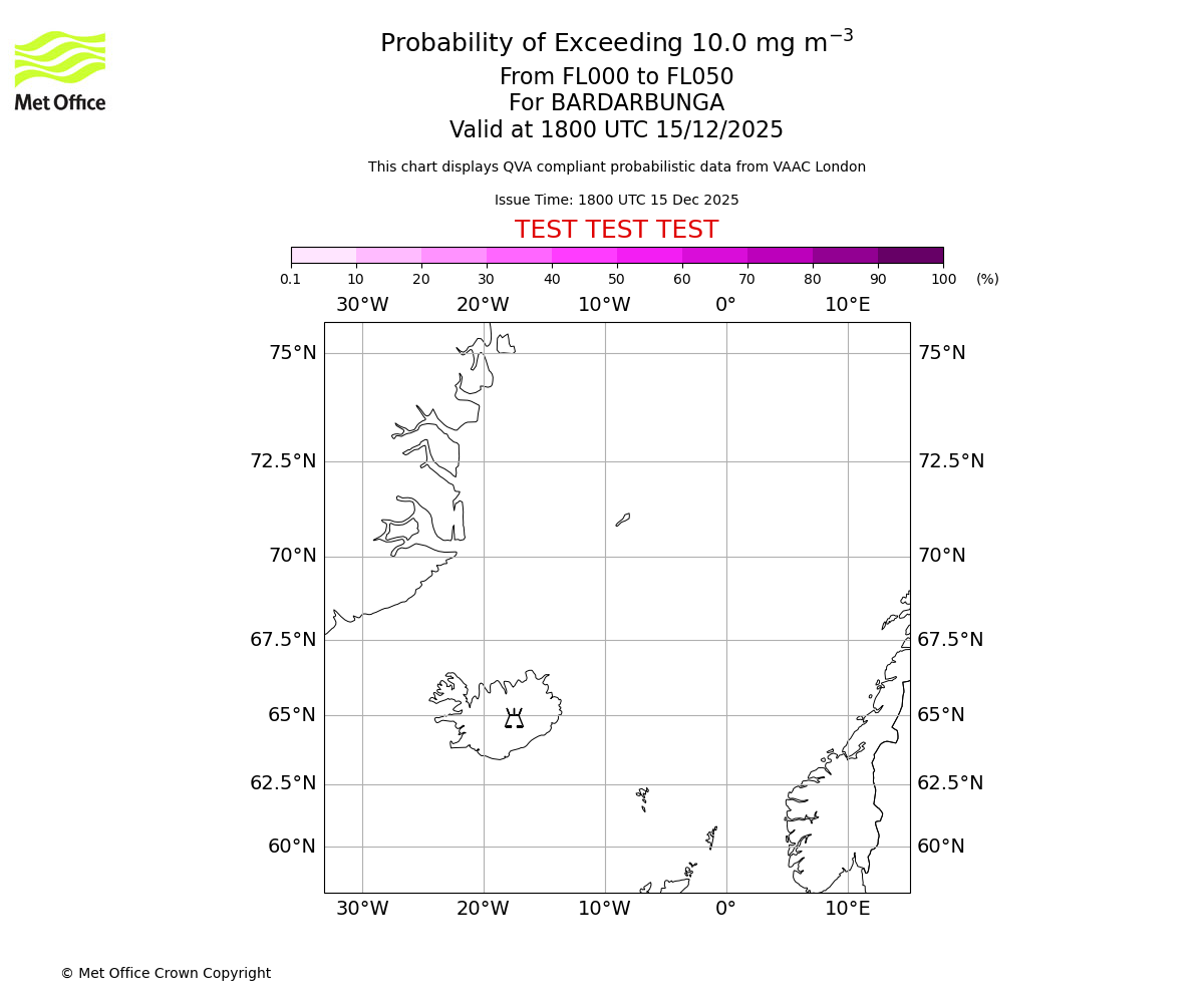 Probability of exceeding 10.0 milligrams per metre cubed. From 000 to 050 for BARDARBUNGA. Valid at 1800 UTC 15/12/2025