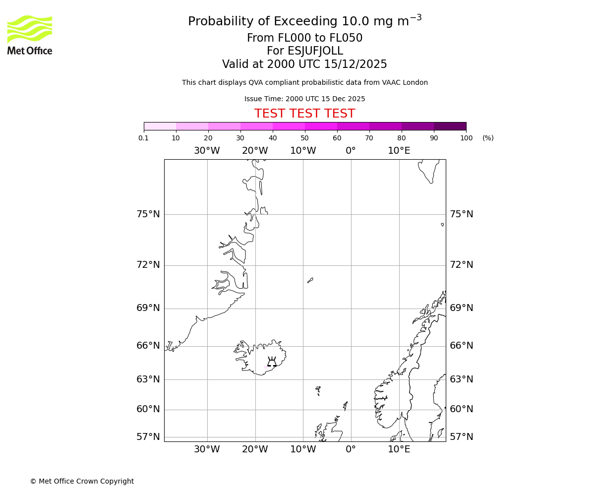 Probability of exceeding 10.0 milligrams per metre cubed. From 000 to 050 for ESJUFJOLL. Valid at 2000 UTC 15/12/2025