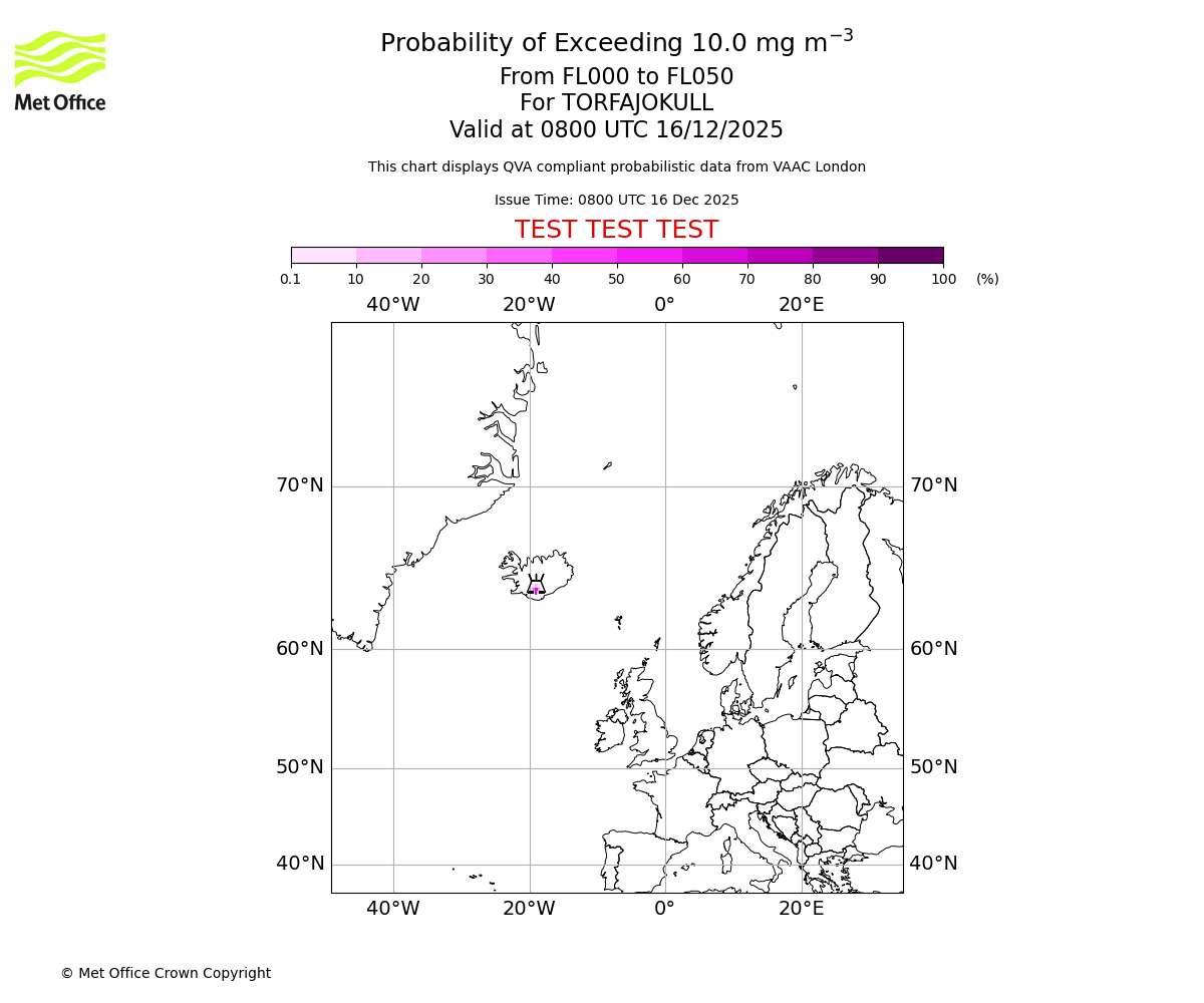 Probability of exceeding 10.0 milligrams per metre cubed. From 000 to 050 for TORFAJOKULL. Valid at 0800 UTC 16/12/2025