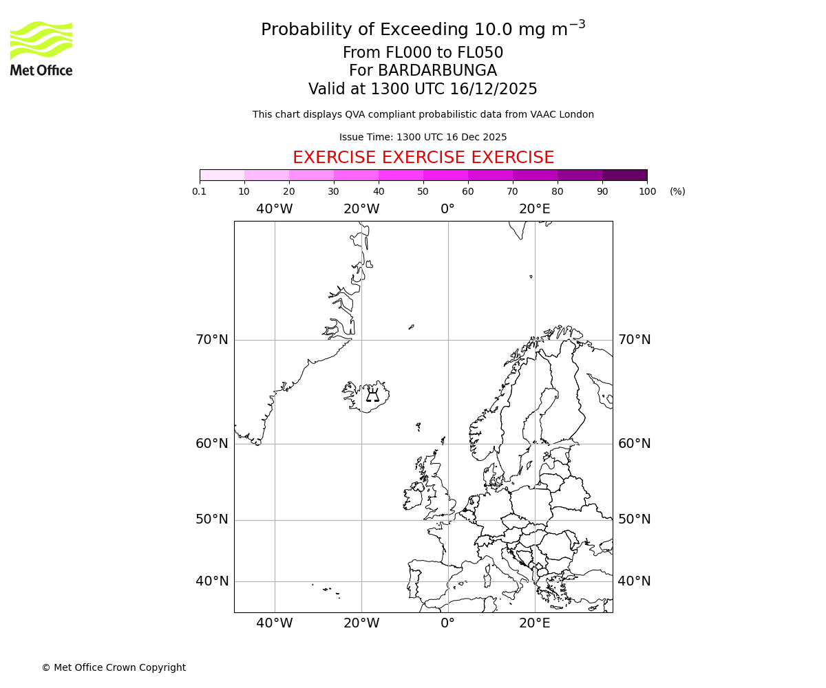 Probability of exceeding 10.0 milligrams per metre cubed. From 000 to 050 for BARDARBUNGA. Valid at 1300 UTC 16/12/2025