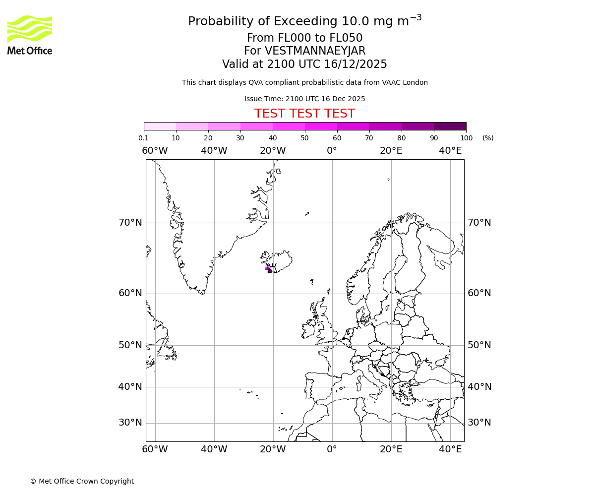 Probability of exceeding 10.0 milligrams per metre cubed. From 000 to 050 for VESTMANNAEYJAR. Valid at 2100 UTC 16/12/2025