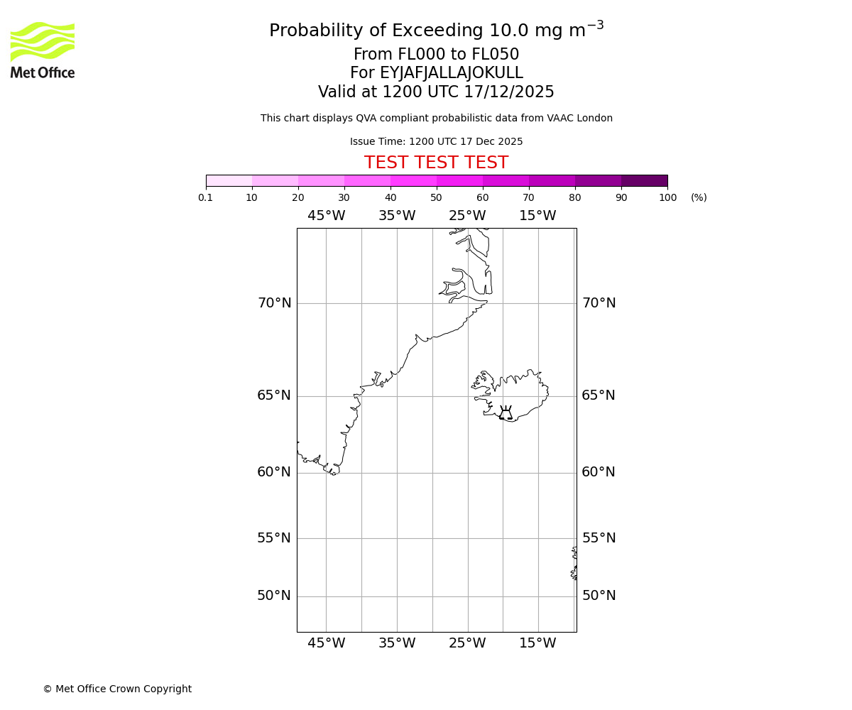 Probability of exceeding 10.0 milligrams per metre cubed. From 000 to 050 for EYJAFJALLAJOKULL. Valid at 1200 UTC 17/12/2025