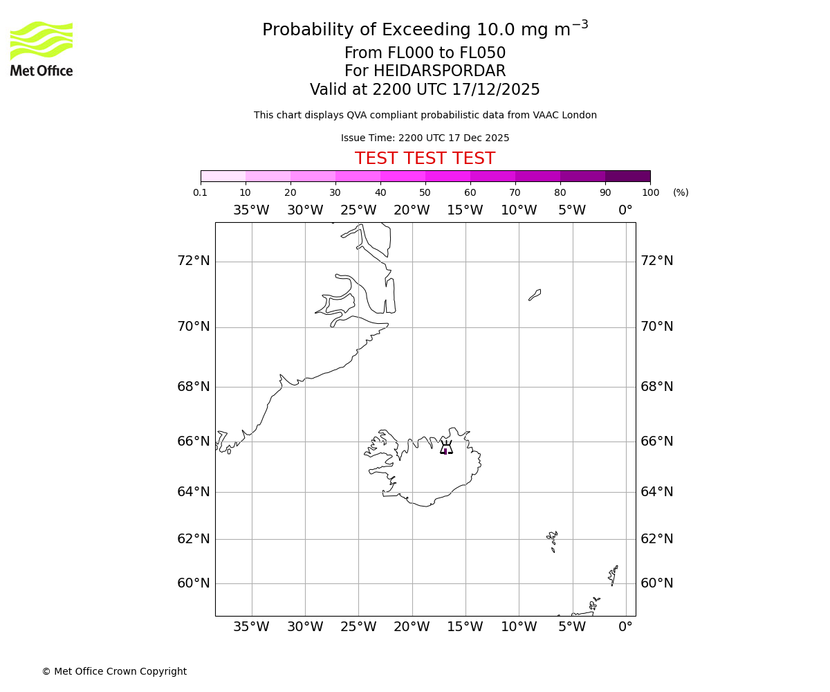 Probability of exceeding 10.0 milligrams per metre cubed. From 000 to 050 for HEIDARSPORDAR. Valid at 2200 UTC 17/12/2025