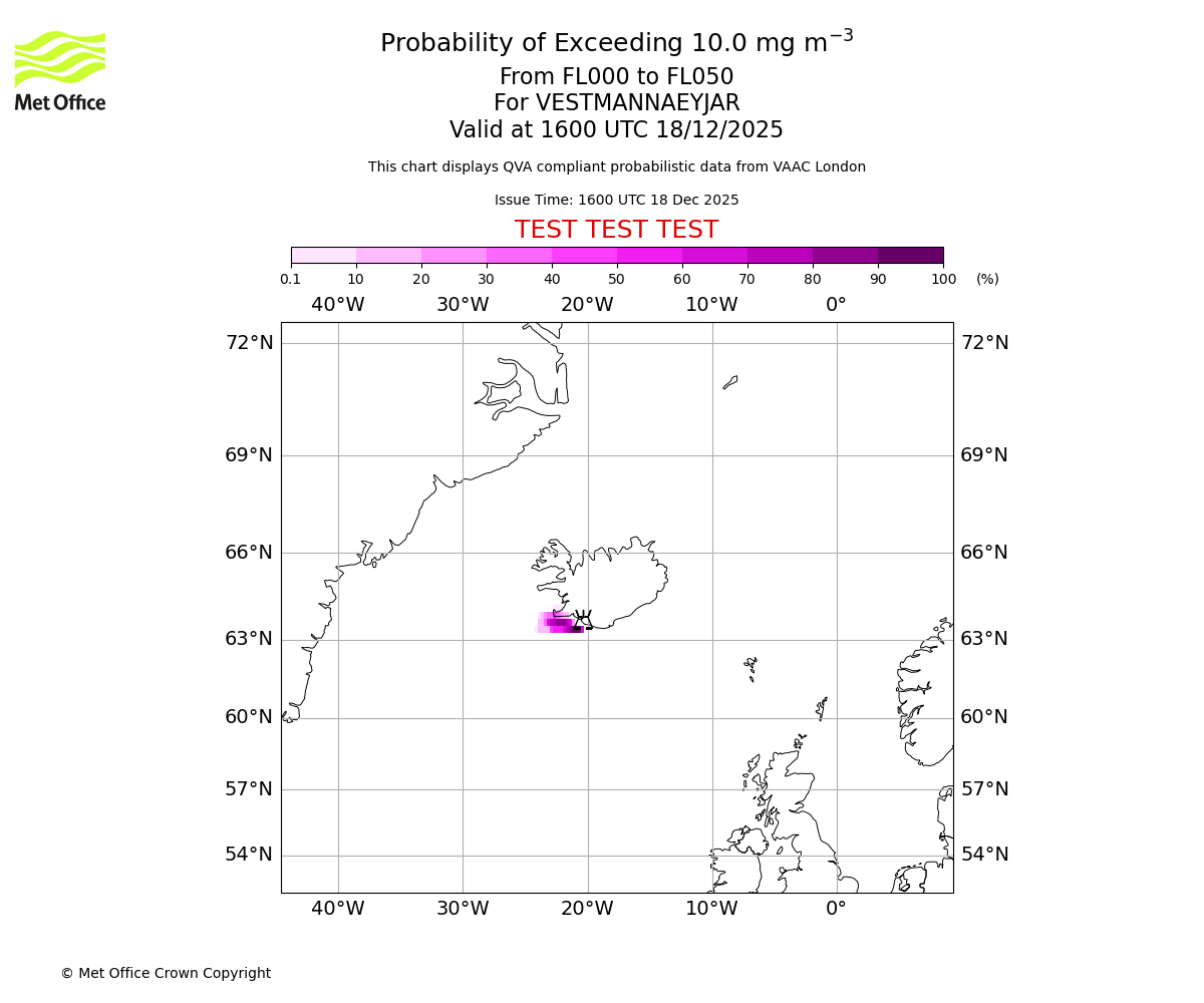 Probability of exceeding 10.0 milligrams per metre cubed. From 000 to 050 for VESTMANNAEYJAR. Valid at 1600 UTC 18/12/2025