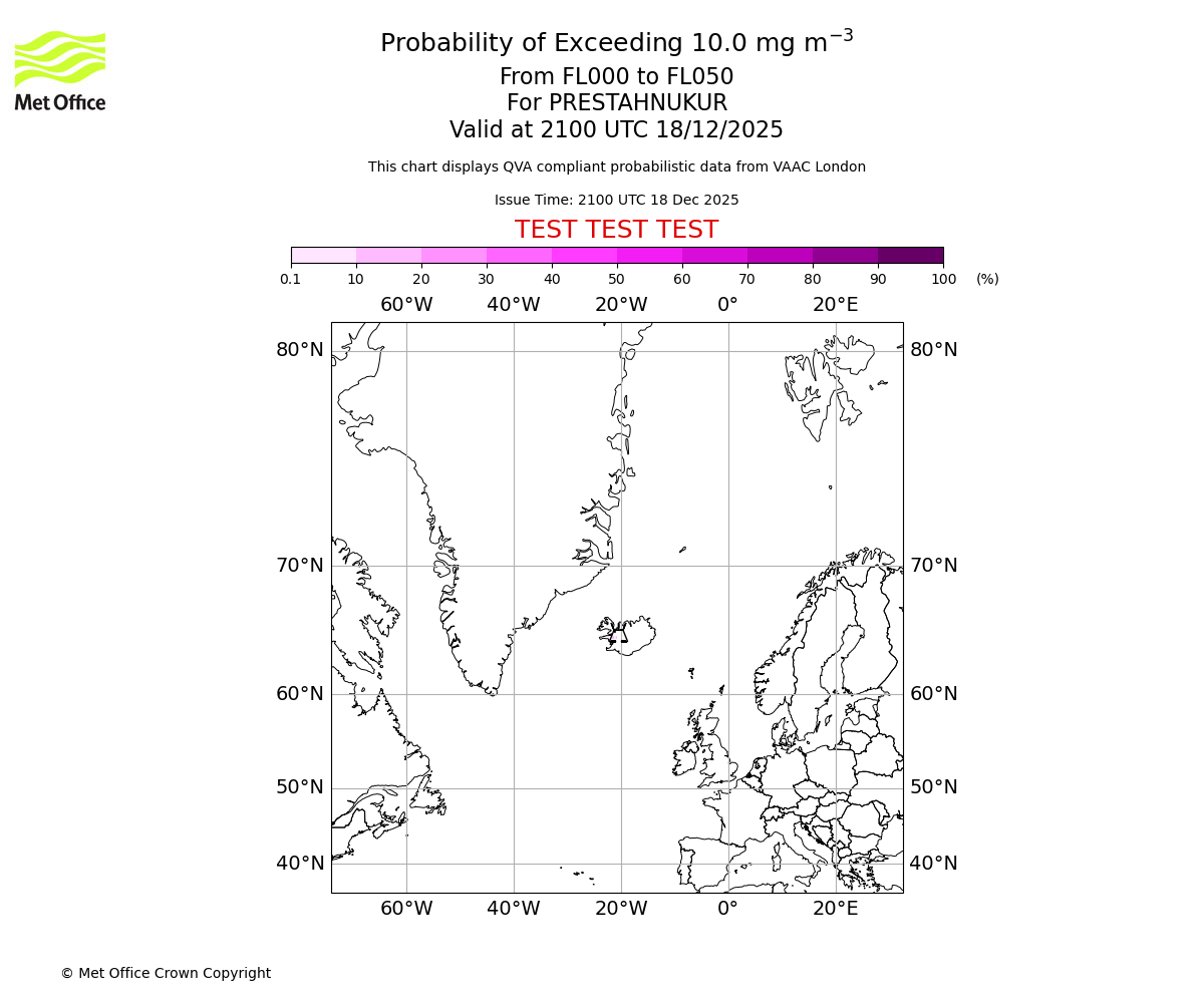 Probability of exceeding 10.0 milligrams per metre cubed. From 000 to 050 for PRESTAHNUKUR. Valid at 2100 UTC 18/12/2025