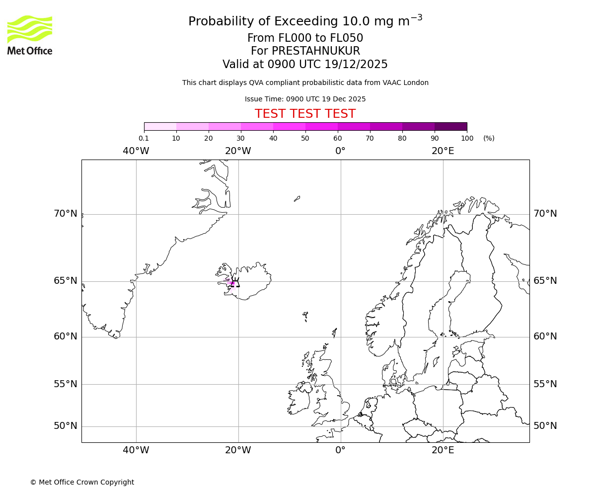 Probability of exceeding 10.0 milligrams per metre cubed. From 000 to 050 for PRESTAHNUKUR. Valid at 0900 UTC 19/12/2025