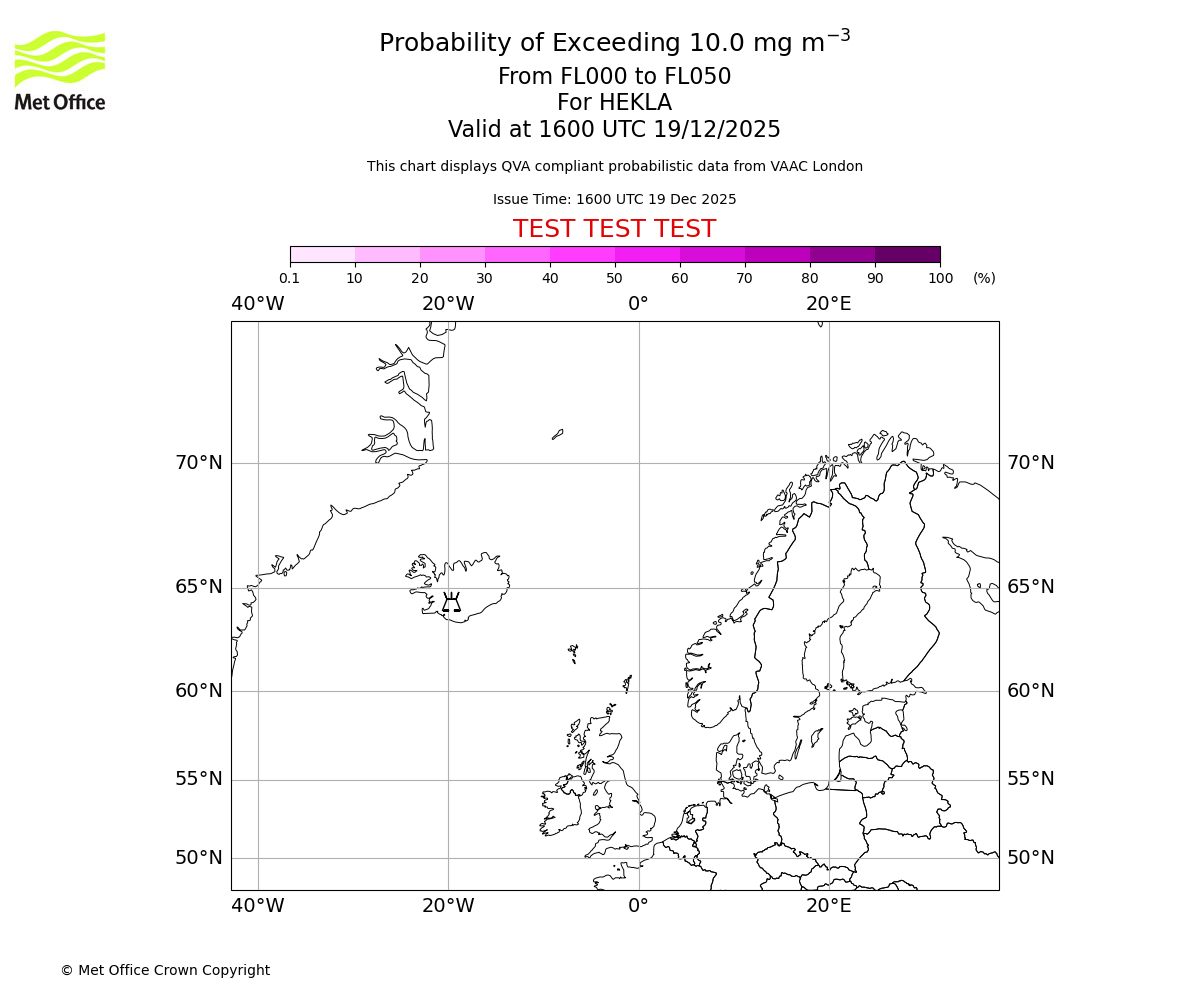 Probability of exceeding 10.0 milligrams per metre cubed. From 000 to 050 for HEKLA. Valid at 1600 UTC 19/12/2025