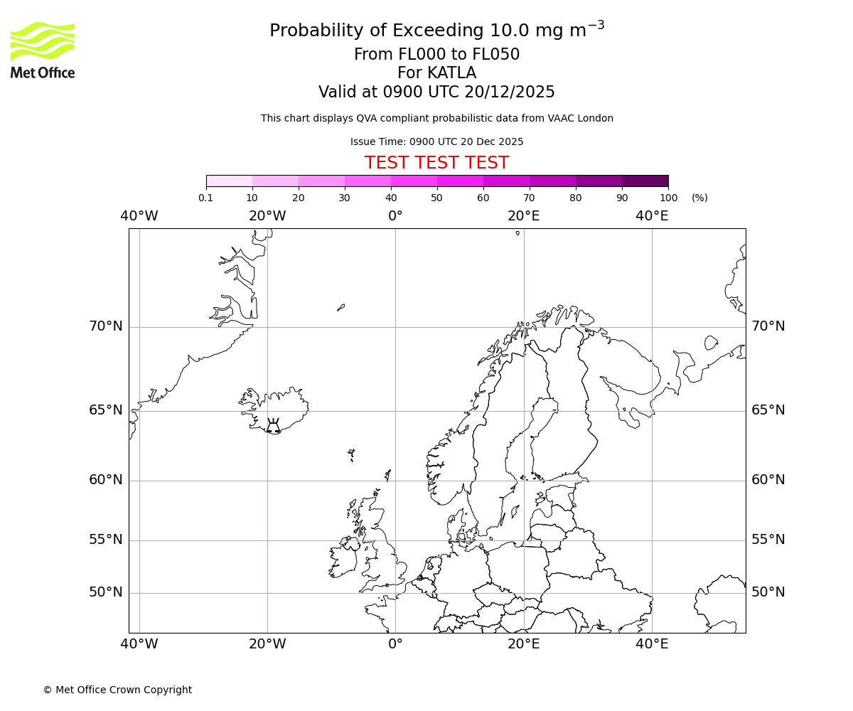 Probability of exceeding 10.0 milligrams per metre cubed. From 000 to 050 for KATLA. Valid at 0900 UTC 20/12/2025
