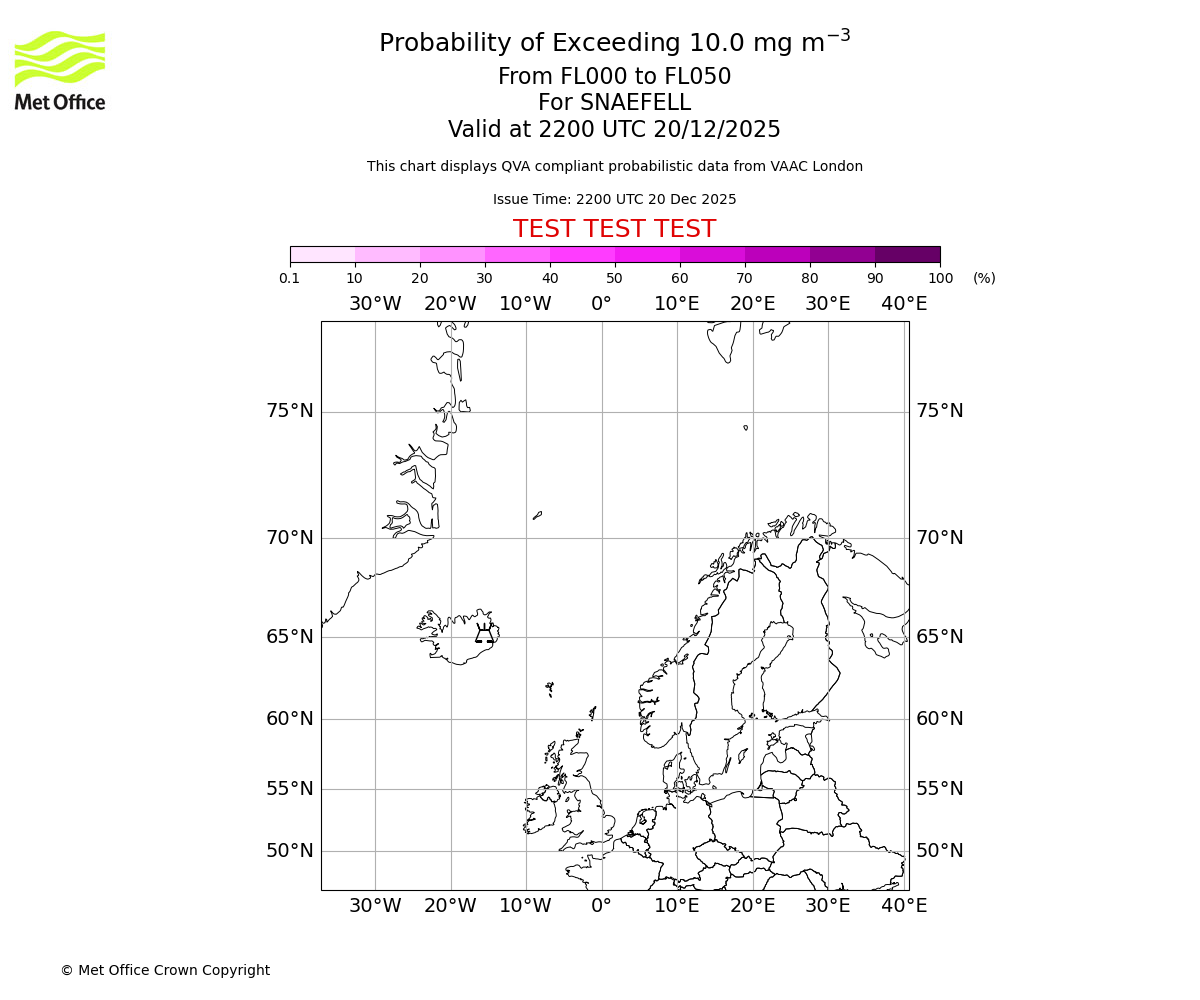 Probability of exceeding 10.0 milligrams per metre cubed. From 000 to 050 for SNAEFELL. Valid at 2200 UTC 20/12/2025