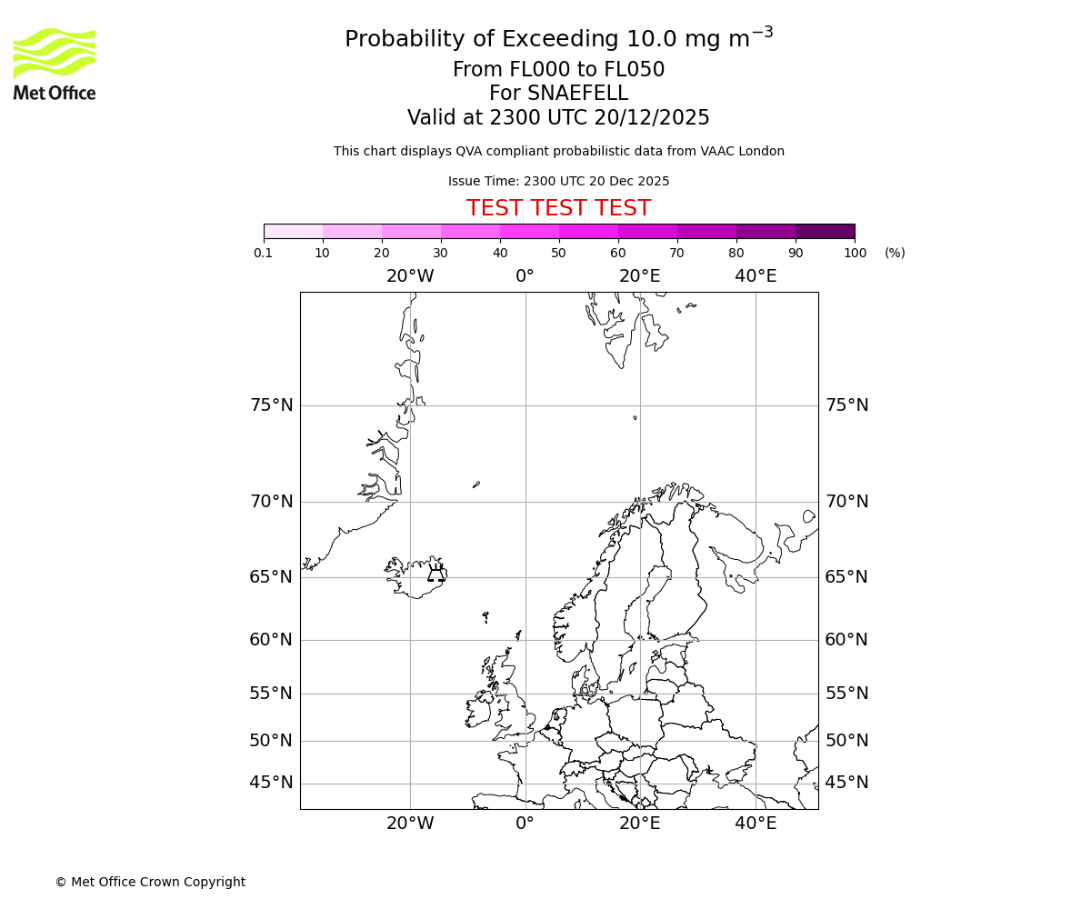 Probability of exceeding 10.0 milligrams per metre cubed. From 000 to 050 for SNAEFELL. Valid at 2300 UTC 20/12/2025