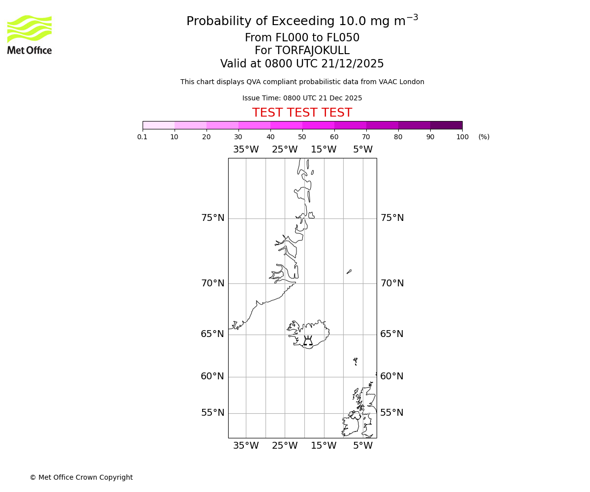 Probability of exceeding 10.0 milligrams per metre cubed. From 000 to 050 for TORFAJOKULL. Valid at 0800 UTC 21/12/2025