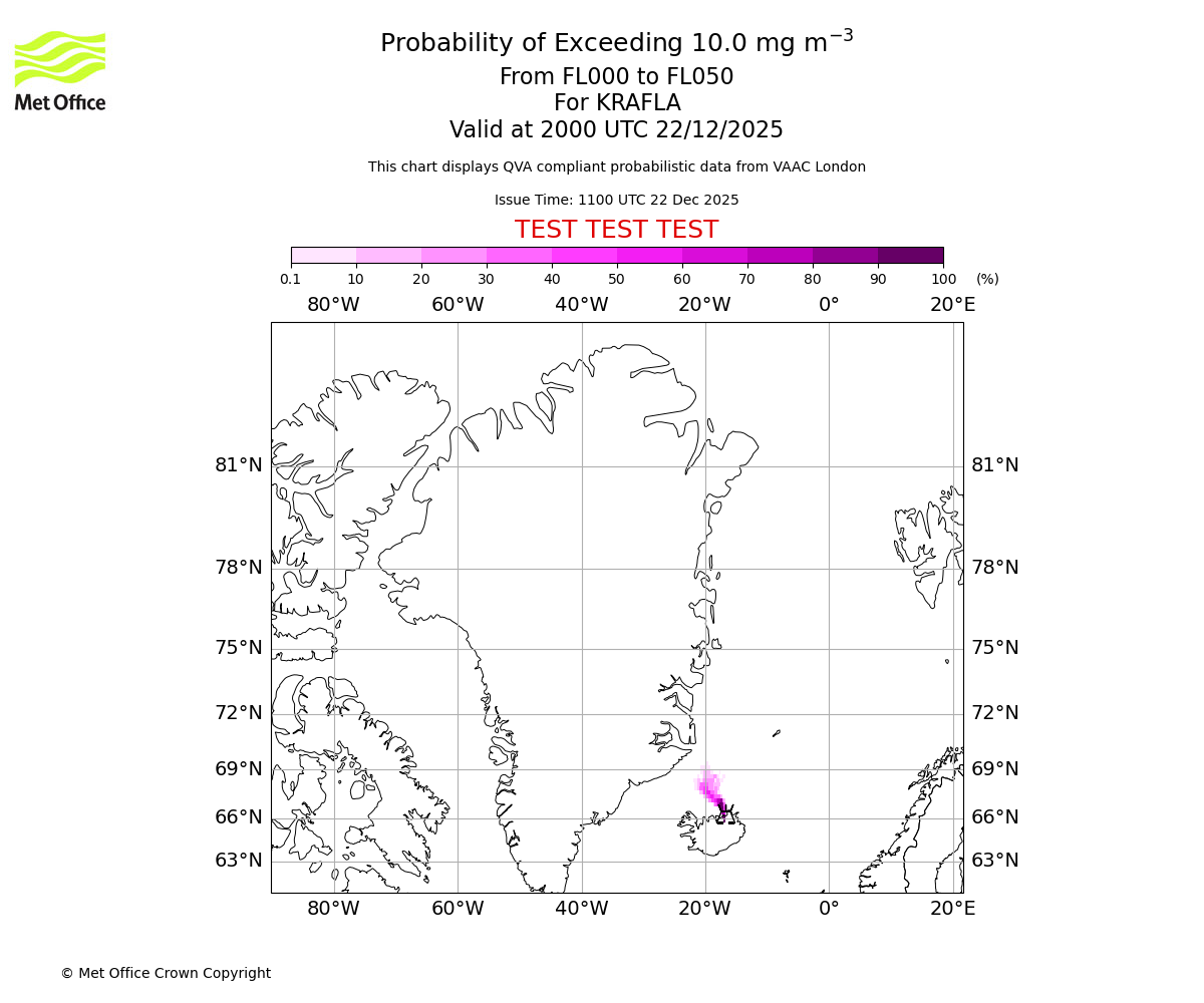 Probability of exceeding 10.0 milligrams per metre cubed. From 000 to 050 for KRAFLA. Valid at 2000 UTC 22/12/2025