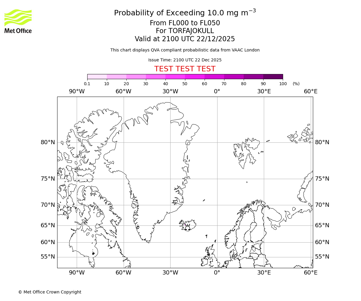Probability of exceeding 10.0 milligrams per metre cubed. From 000 to 050 for TORFAJOKULL. Valid at 2100 UTC 22/12/2025