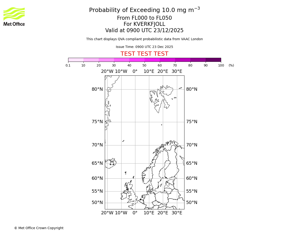 Probability of exceeding 10.0 milligrams per metre cubed. From 000 to 050 for KVERKFJOLL. Valid at 0900 UTC 23/12/2025