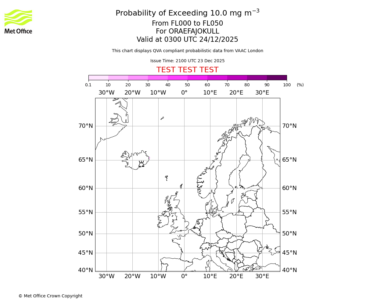 Probability of exceeding 10.0 milligrams per metre cubed. From 000 to 050 for ORAEFAJOKULL. Valid at 0300 UTC 24/12/2025