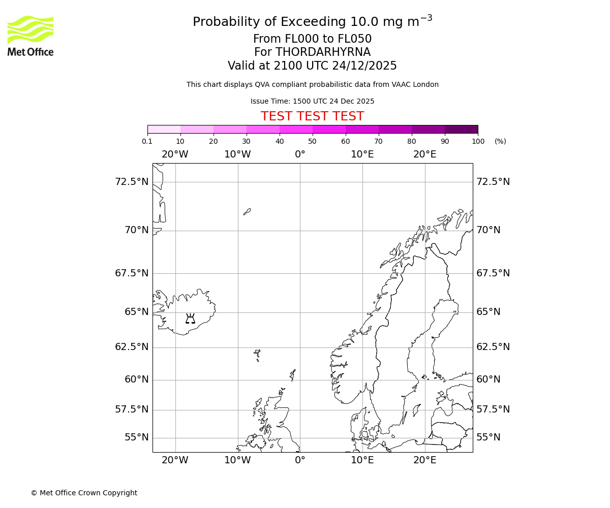 Probability of exceeding 10.0 milligrams per metre cubed. From 000 to 050 for THORDARHYRNA. Valid at 2100 UTC 24/12/2025