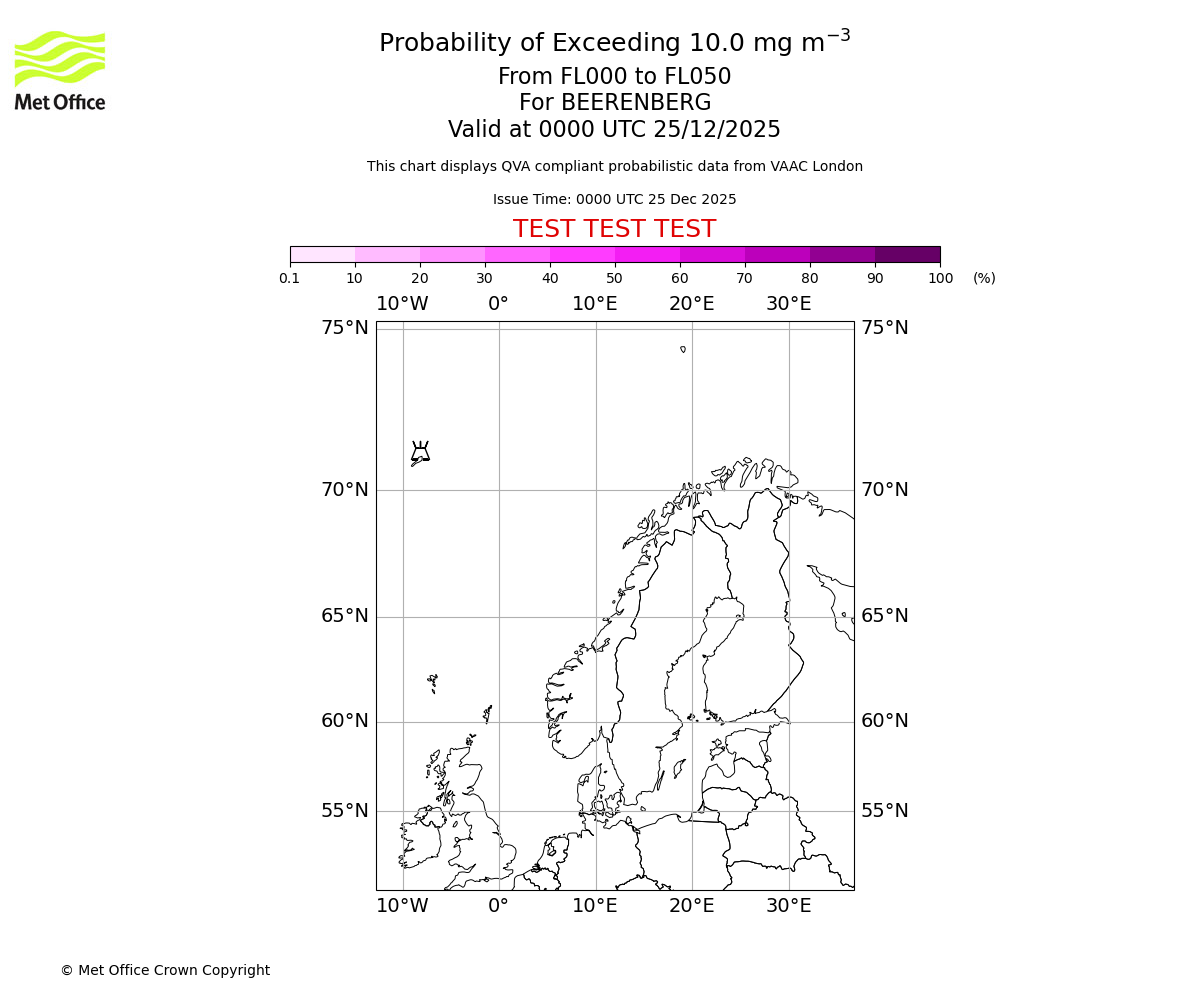 Probability of exceeding 10.0 milligrams per metre cubed. From 000 to 050 for BEERENBERG. Valid at 0000 UTC 25/12/2025