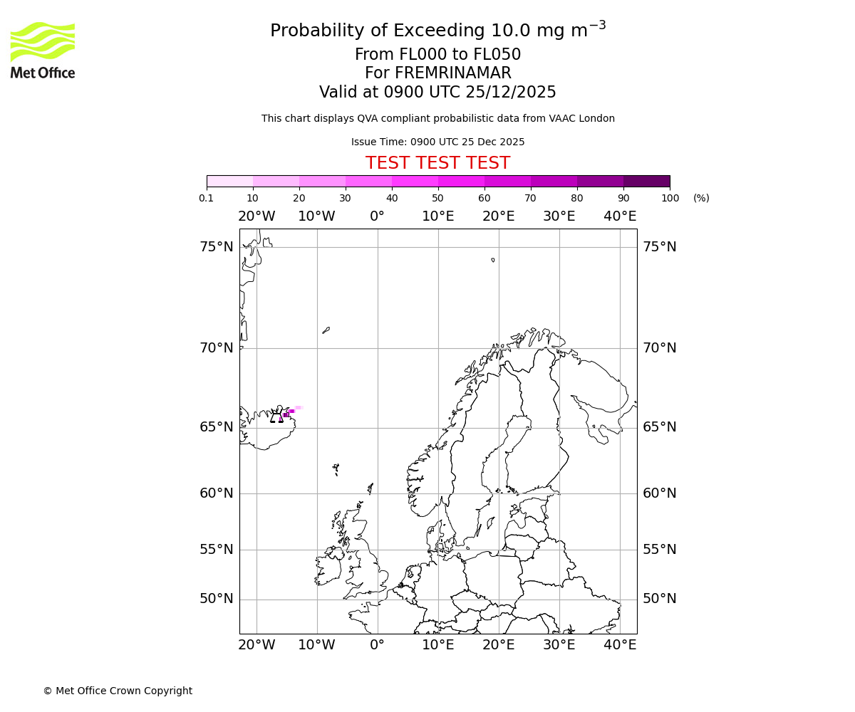 Probability of exceeding 10.0 milligrams per metre cubed. From 000 to 050 for FREMRINAMAR. Valid at 0900 UTC 25/12/2025