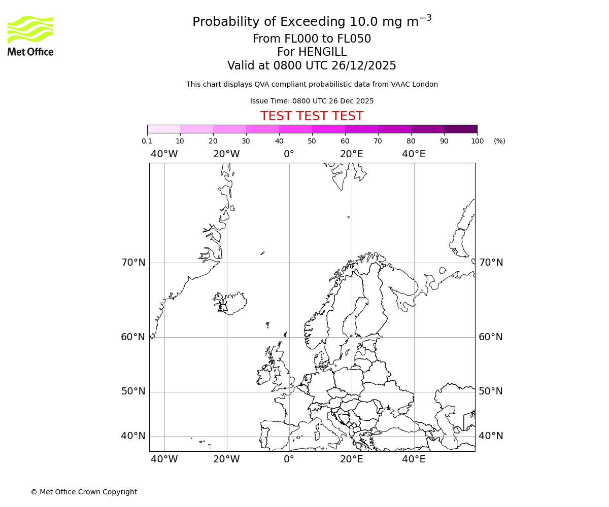 Probability of exceeding 10.0 milligrams per metre cubed. From 000 to 050 for HENGILL. Valid at 0800 UTC 26/12/2025