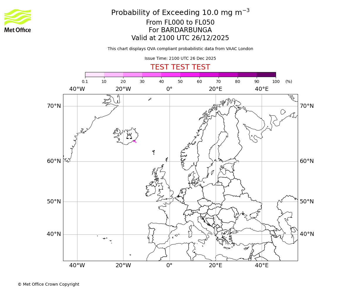 Probability of exceeding 10.0 milligrams per metre cubed. From 000 to 050 for BARDARBUNGA. Valid at 2100 UTC 26/12/2025