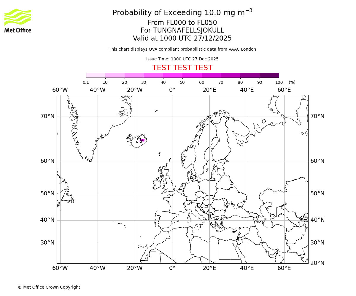 Probability of exceeding 10.0 milligrams per metre cubed. From 000 to 050 for TUNGNAFELLSJOKULL. Valid at 1000 UTC 27/12/2025