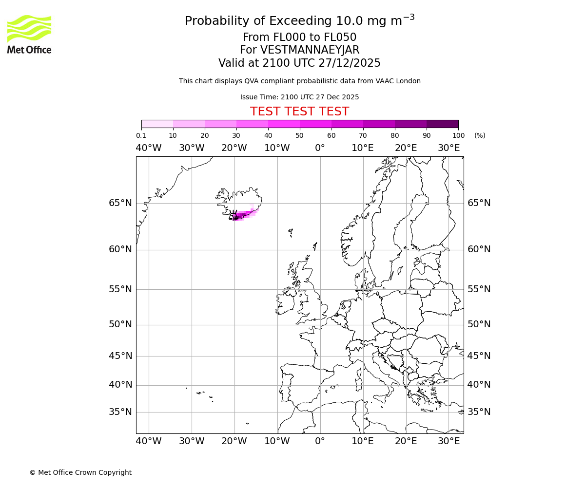 Probability of exceeding 10.0 milligrams per metre cubed. From 000 to 050 for VESTMANNAEYJAR. Valid at 2100 UTC 27/12/2025