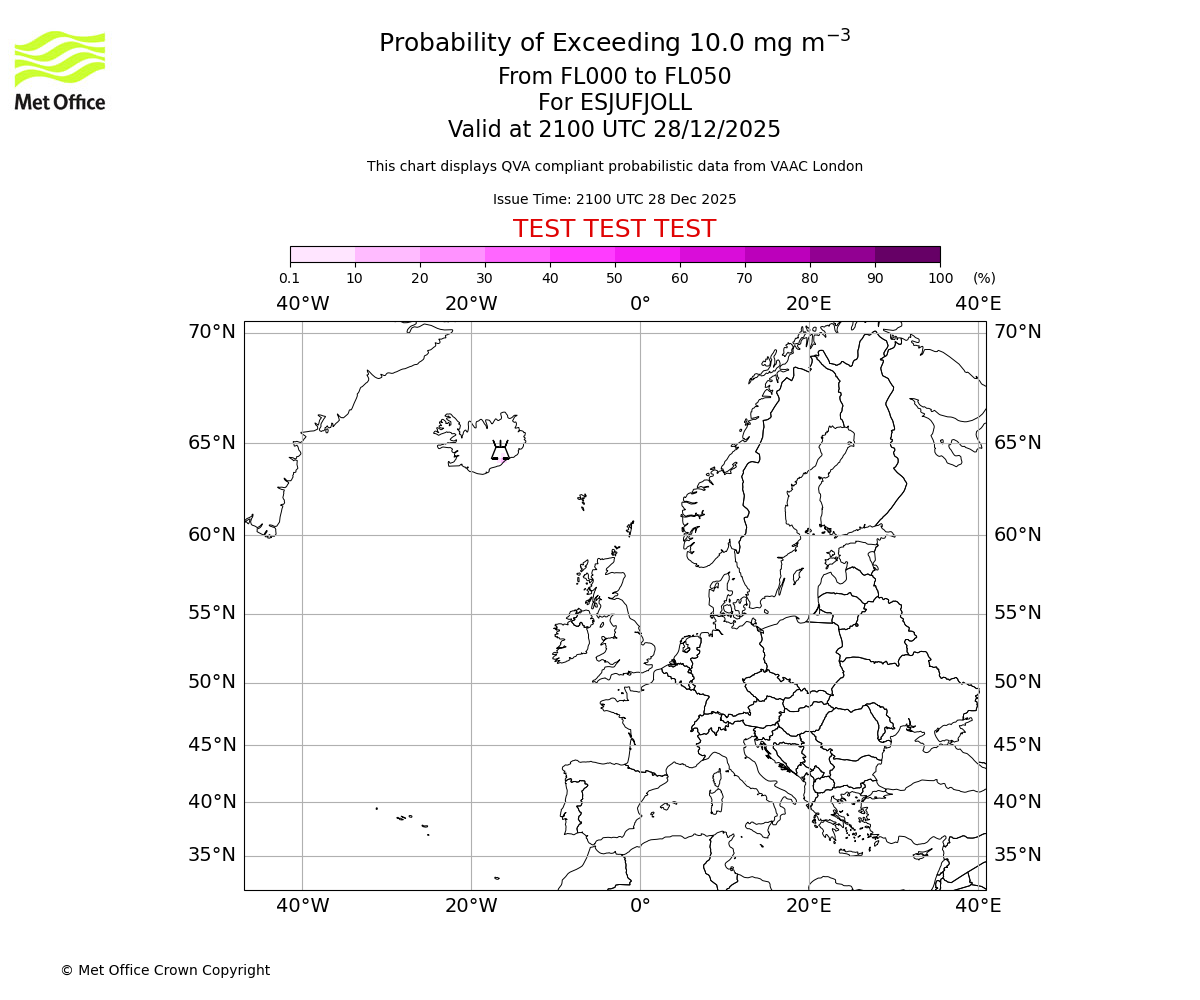 Probability of exceeding 10.0 milligrams per metre cubed. From 000 to 050 for ESJUFJOLL. Valid at 2100 UTC 28/12/2025
