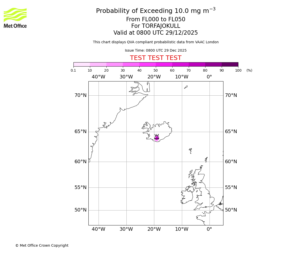 Probability of exceeding 10.0 milligrams per metre cubed. From 000 to 050 for TORFAJOKULL. Valid at 0800 UTC 29/12/2025