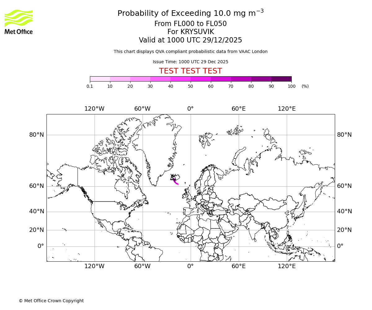 Probability of exceeding 10.0 milligrams per metre cubed. From 000 to 050 for KRYSUVIK. Valid at 1000 UTC 29/12/2025