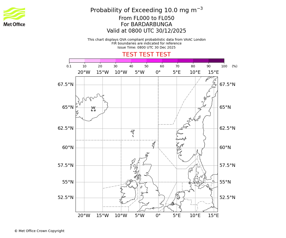 Probability of exceeding 10.0 milligrams per metre cubed. From 000 to 050 for BARDARBUNGA. Valid at 0800 UTC 30/12/2025
