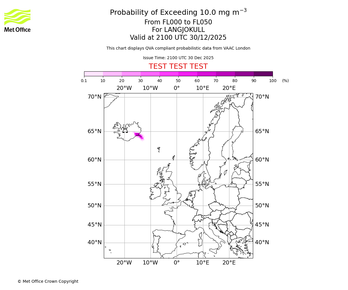 Probability of exceeding 10.0 milligrams per metre cubed. From 000 to 050 for LANGJOKULL. Valid at 2100 UTC 30/12/2025