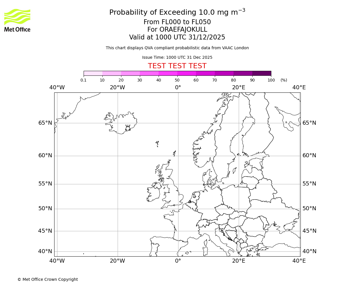 Probability of exceeding 10.0 milligrams per metre cubed. From 000 to 050 for ORAEFAJOKULL. Valid at 1000 UTC 31/12/2025