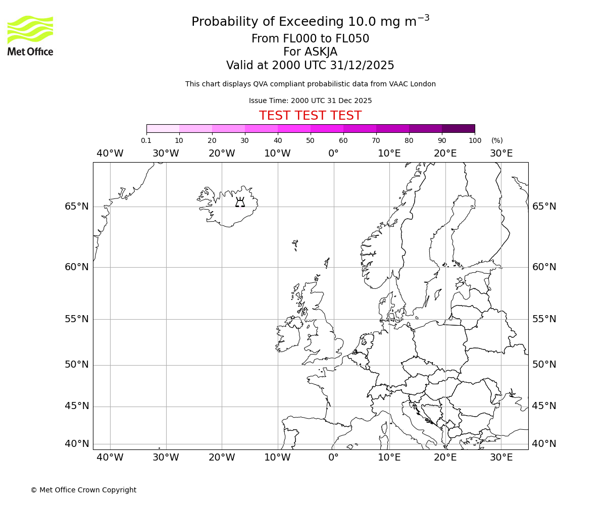 Probability of exceeding 10.0 milligrams per metre cubed. From 000 to 050 for ASKJA. Valid at 2000 UTC 31/12/2025