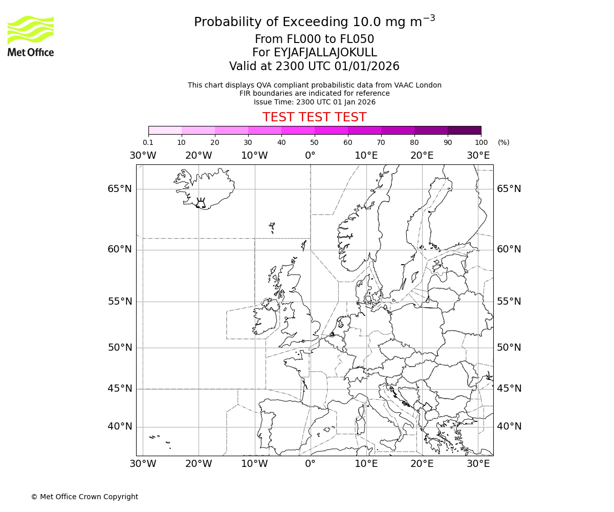 Probability of exceeding 10.0 milligrams per metre cubed. From 000 to 050 for EYJAFJALLAJOKULL. Valid at 2300 UTC 01/01/2026