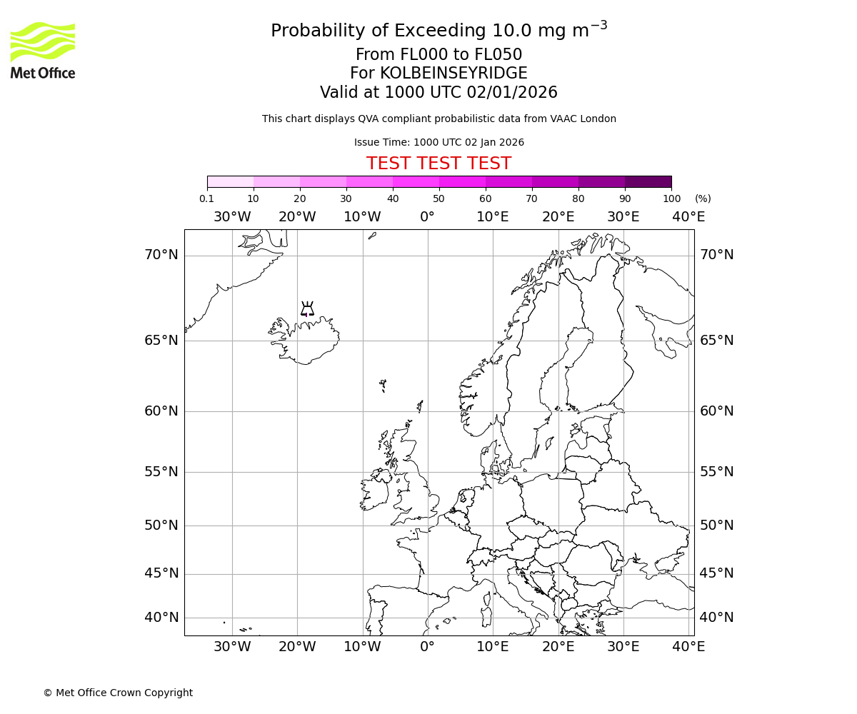 Probability of exceeding 10.0 milligrams per metre cubed. From 000 to 050 for KOLBEINSEYRIDGE. Valid at 1000 UTC 02/01/2026