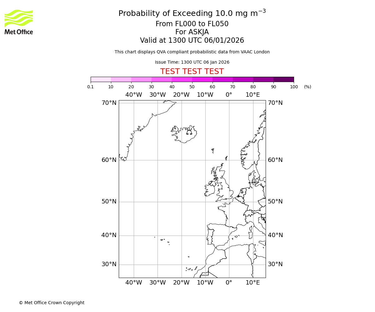 Probability of exceeding 10.0 milligrams per metre cubed. From 000 to 050 for ASKJA. Valid at 1300 UTC 06/01/2026