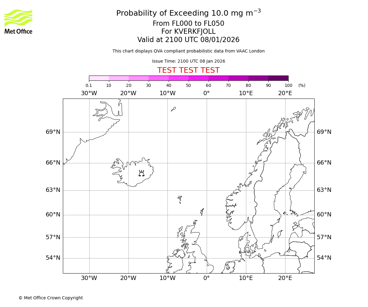 Probability of exceeding 10.0 milligrams per metre cubed. From 000 to 050 for KVERKFJOLL. Valid at 2100 UTC 08/01/2026