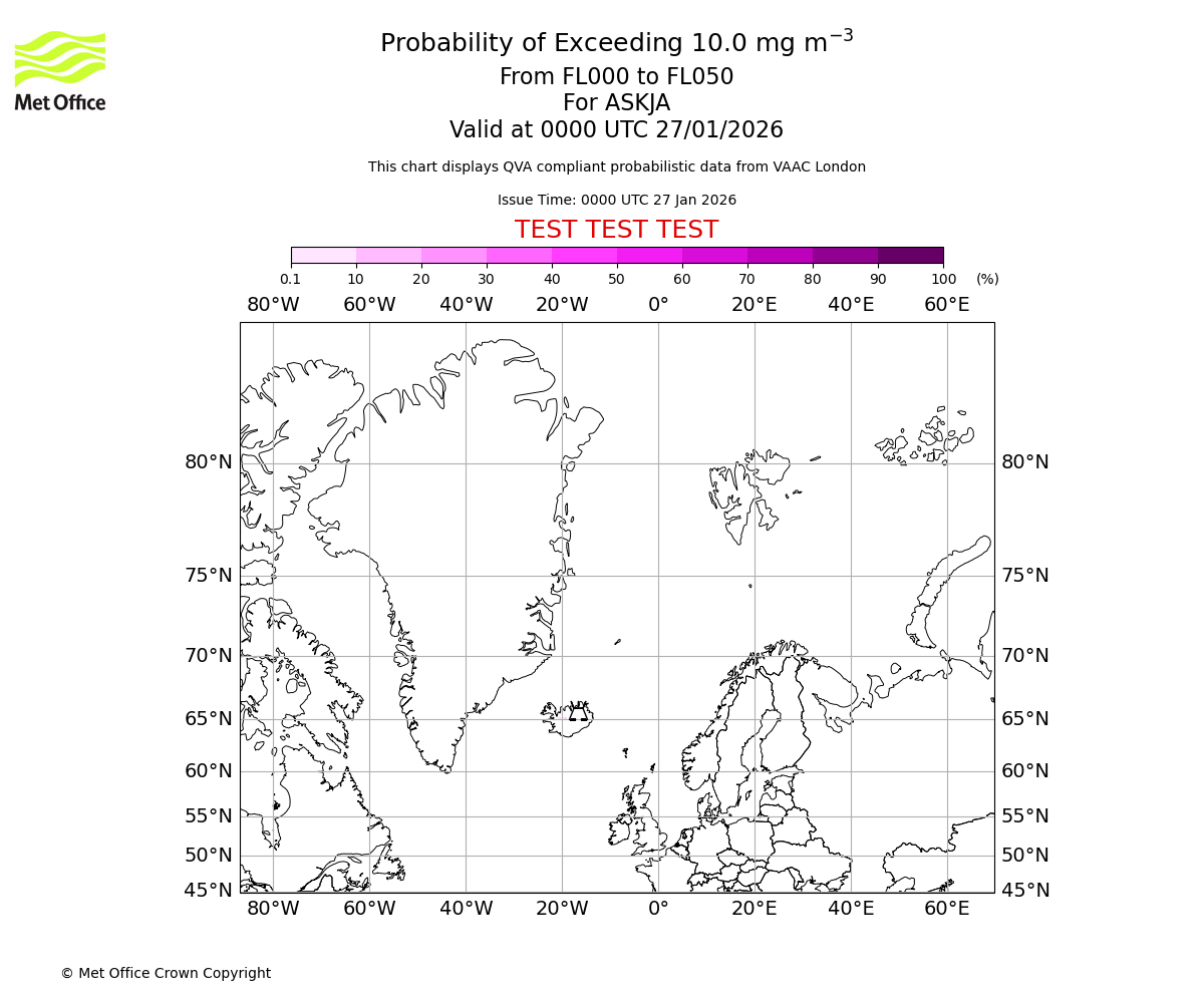 Probability of exceeding 10.0 milligrams per metre cubed. From 000 to 050 for ASKJA. Valid at 0000 UTC 27/01/2026