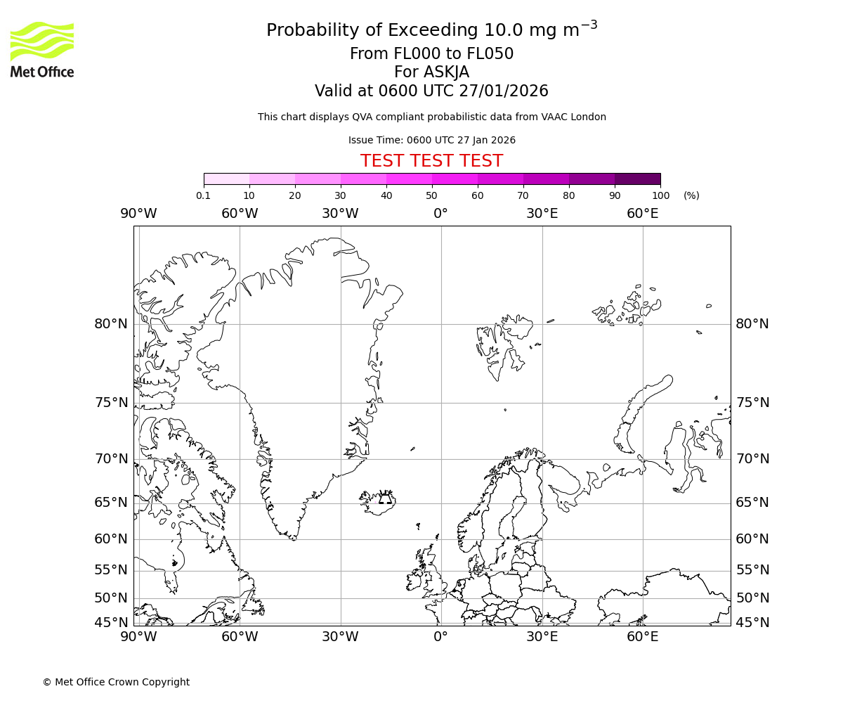 Probability of exceeding 10.0 milligrams per metre cubed. From 000 to 050 for ASKJA. Valid at 0600 UTC 27/01/2026
