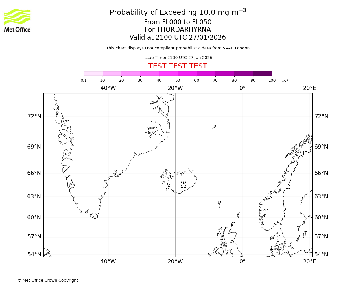 Probability of exceeding 10.0 milligrams per metre cubed. From 000 to 050 for THORDARHYRNA. Valid at 2100 UTC 27/01/2026