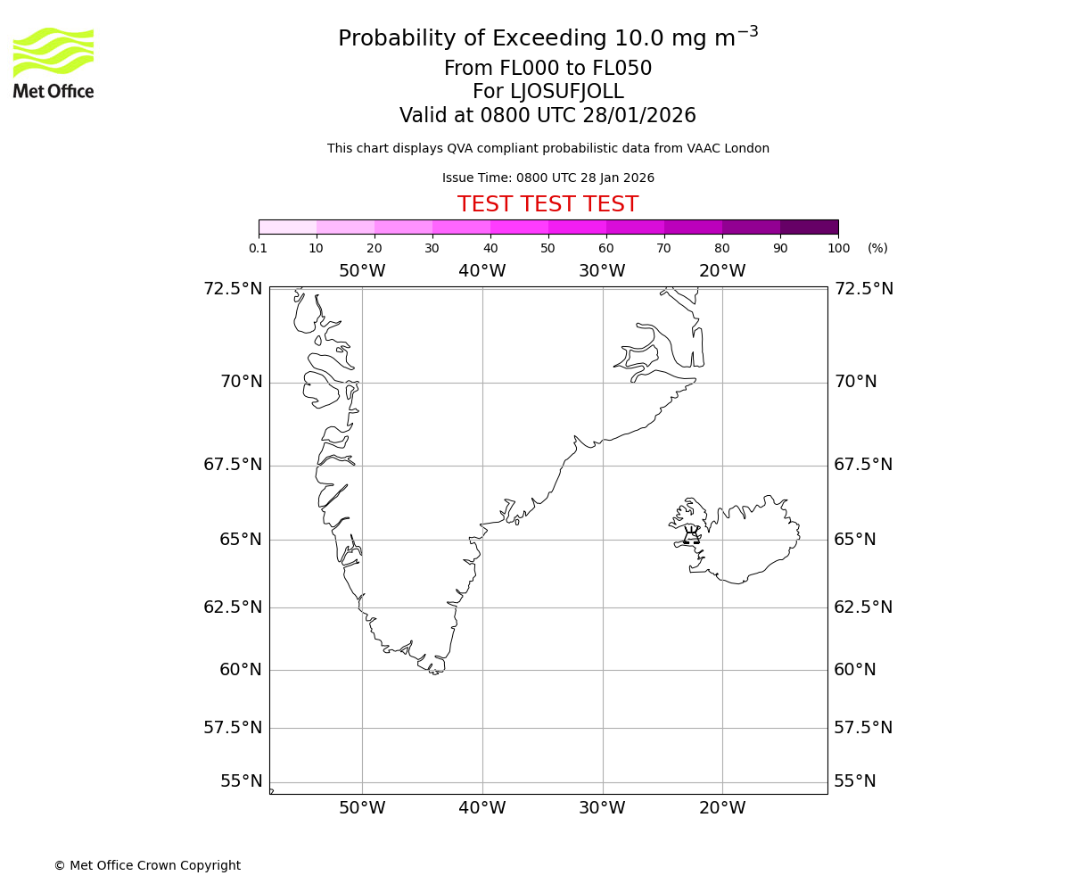 Probability of exceeding 10.0 milligrams per metre cubed. From 000 to 050 for LJOSUFJOLL. Valid at 0800 UTC 28/01/2026
