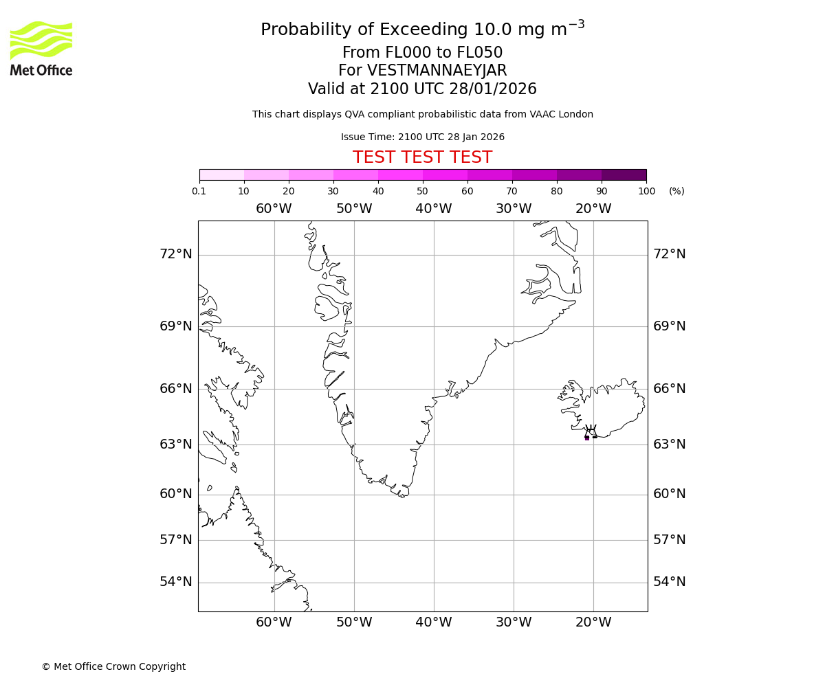 Probability of exceeding 10.0 milligrams per metre cubed. From 000 to 050 for VESTMANNAEYJAR. Valid at 2100 UTC 28/01/2026