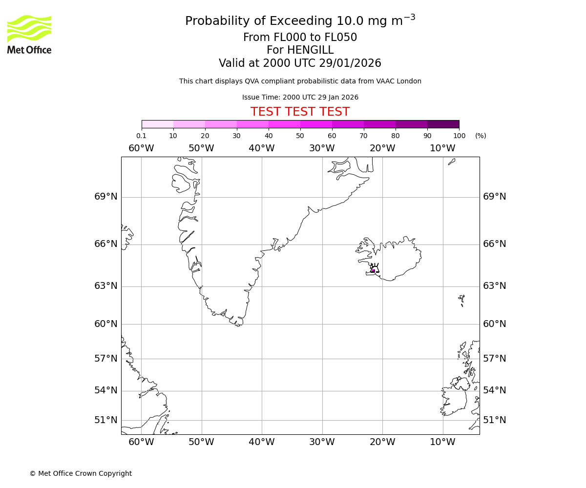 Probability of exceeding 10.0 milligrams per metre cubed. From 000 to 050 for HENGILL. Valid at 2000 UTC 29/01/2026