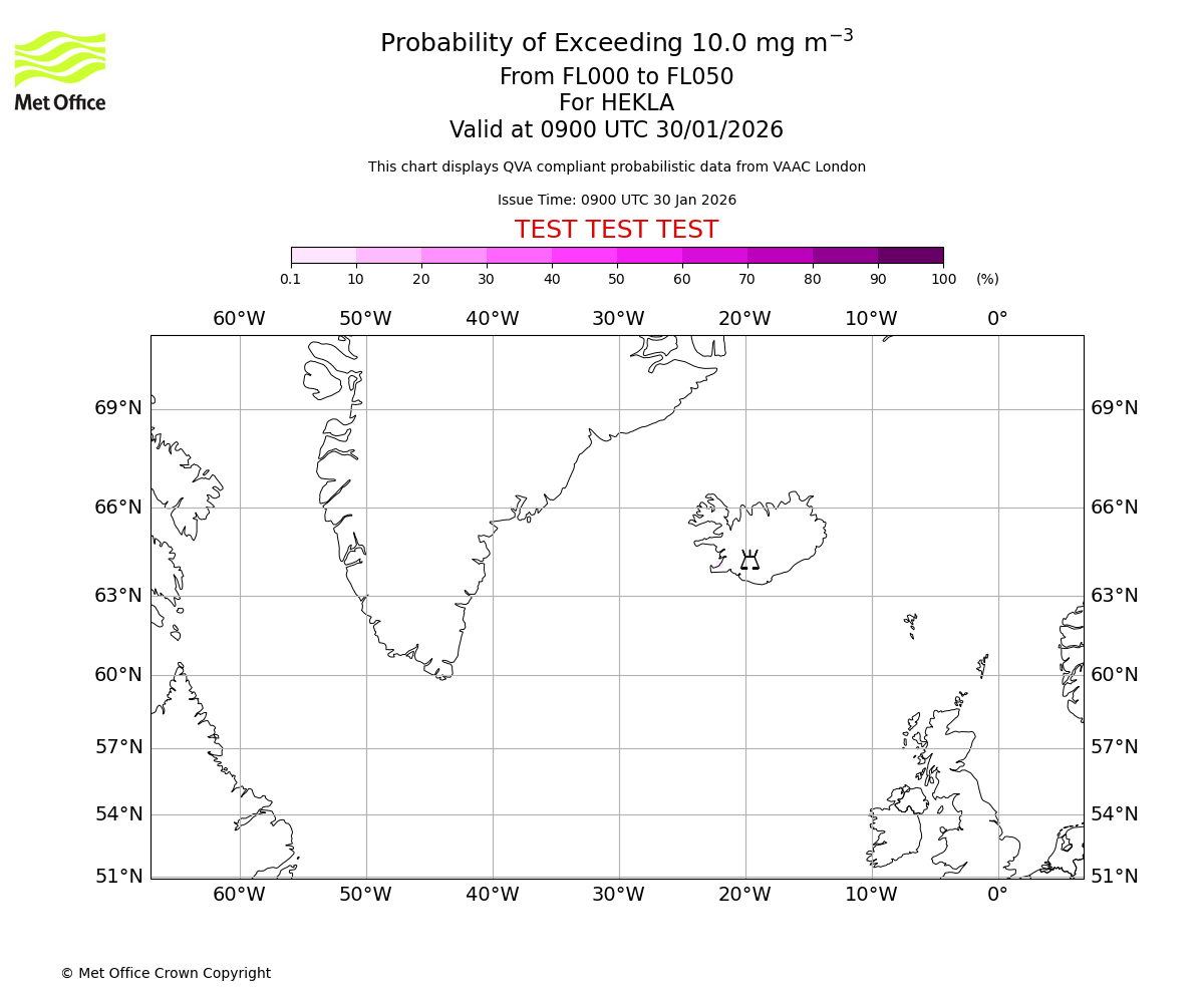 Probability of exceeding 10.0 milligrams per metre cubed. From 000 to 050 for HEKLA. Valid at 0900 UTC 30/01/2026