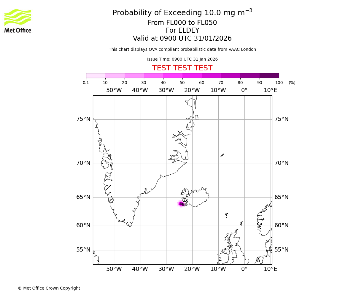 Probability of exceeding 10.0 milligrams per metre cubed. From 000 to 050 for ELDEY. Valid at 0900 UTC 31/01/2026