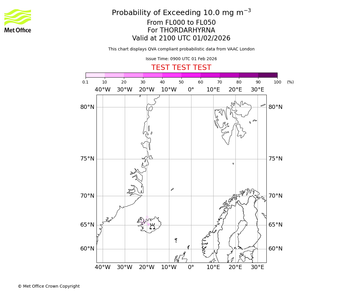 Probability of exceeding 10.0 milligrams per metre cubed. From 000 to 050 for THORDARHYRNA. Valid at 2100 UTC 01/02/2026