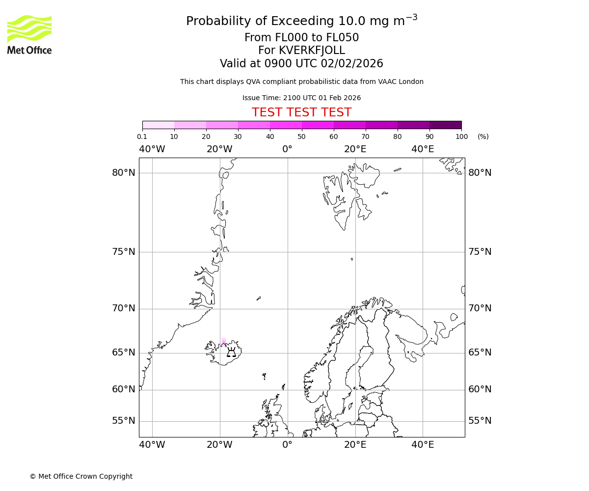Probability of exceeding 10.0 milligrams per metre cubed. From 000 to 050 for KVERKFJOLL. Valid at 0900 UTC 02/02/2026