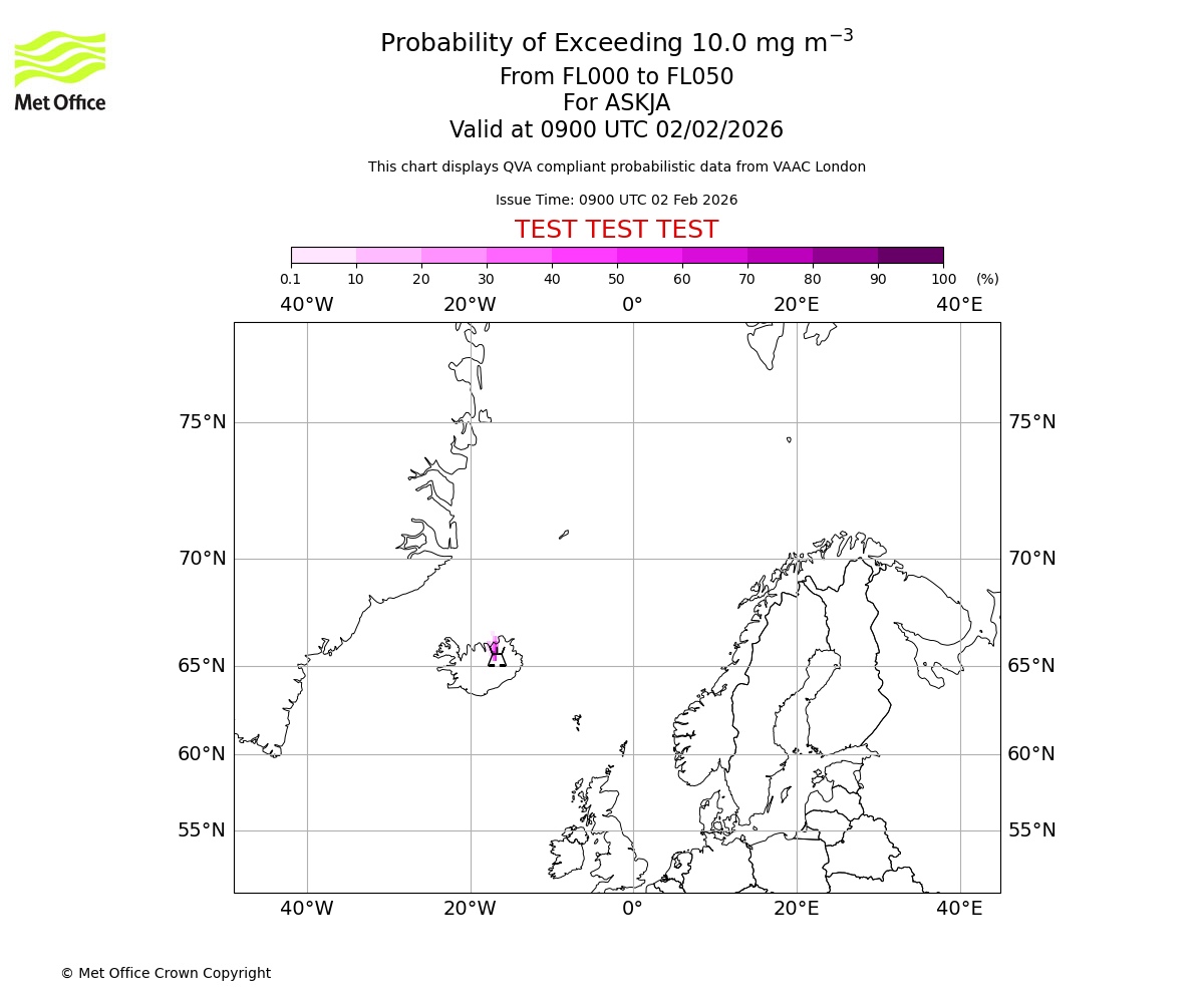 Probability of exceeding 10.0 milligrams per metre cubed. From 000 to 050 for ASKJA. Valid at 0900 UTC 02/02/2026