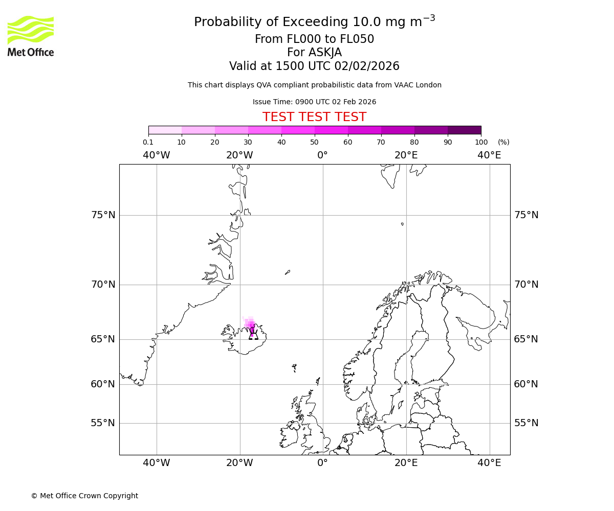 Probability of exceeding 10.0 milligrams per metre cubed. From 000 to 050 for ASKJA. Valid at 1500 UTC 02/02/2026